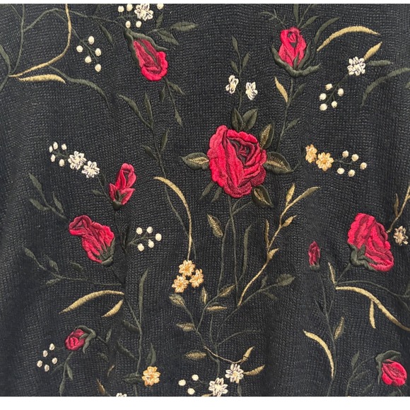 TOGETHER! Black Floral Embroidered V-Neck Wool Blend Sweater XL Vintage boho 90s - Picture 2 of 8
